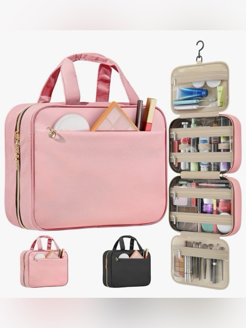 Travel Toiletry Bags, Portable Travel Bag with Hanging Hook  (Pink, Small)